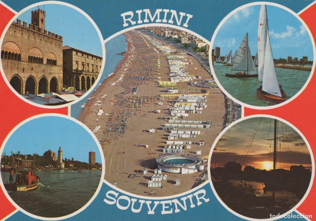 Postales: Italy Rimini Souvenir Multi View Beach Architecture Sailboats Sunset *YAR618