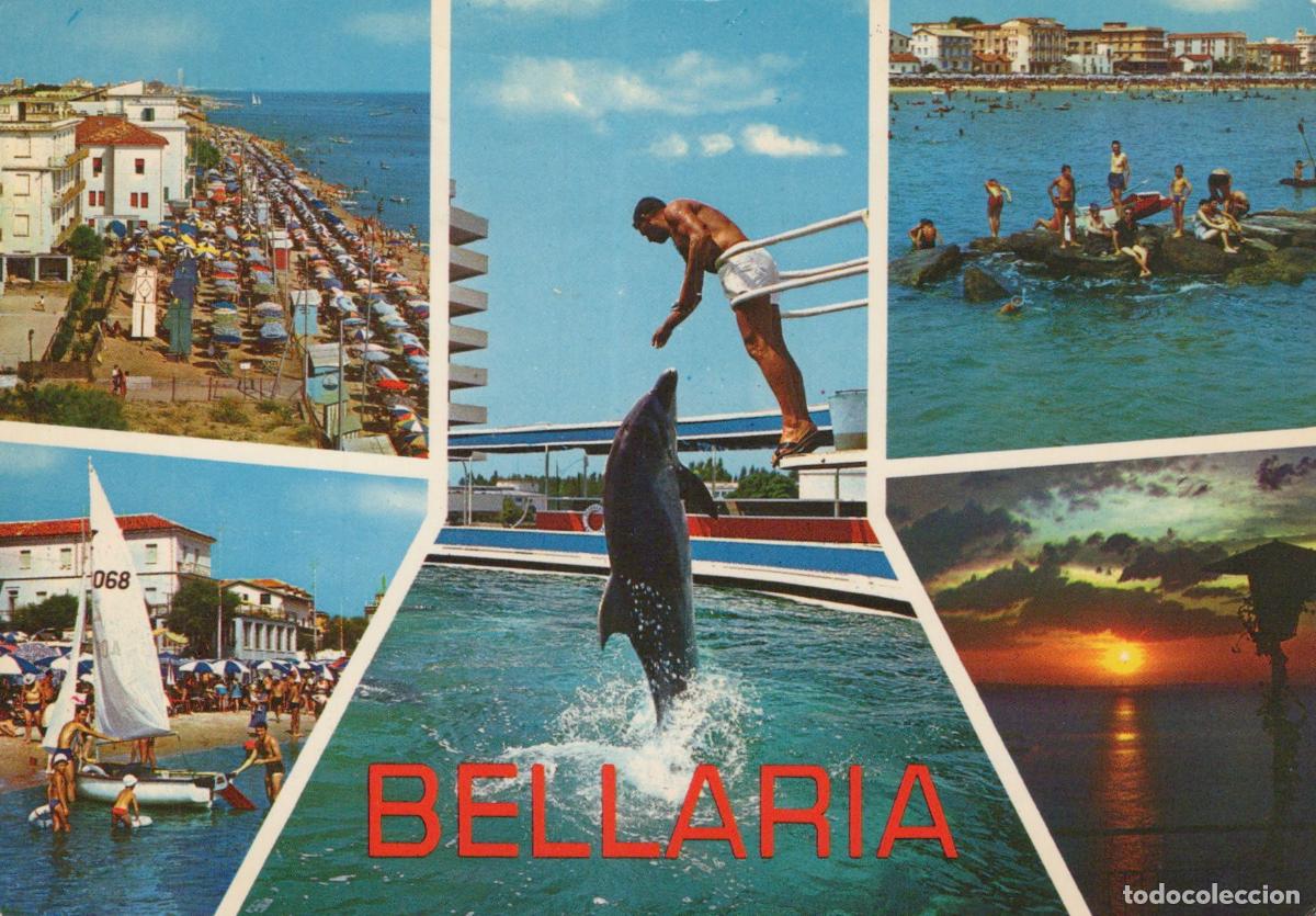 Postcards: Italy Bellaria Multi View Dolphin Show Beach Sunset Sailboat *YAR648