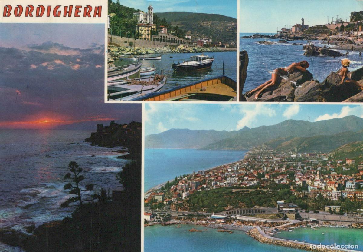 Postkarten: Italy Bordighera Coastal Town Panorama Sunset Beach Boats Multi View *YAR681