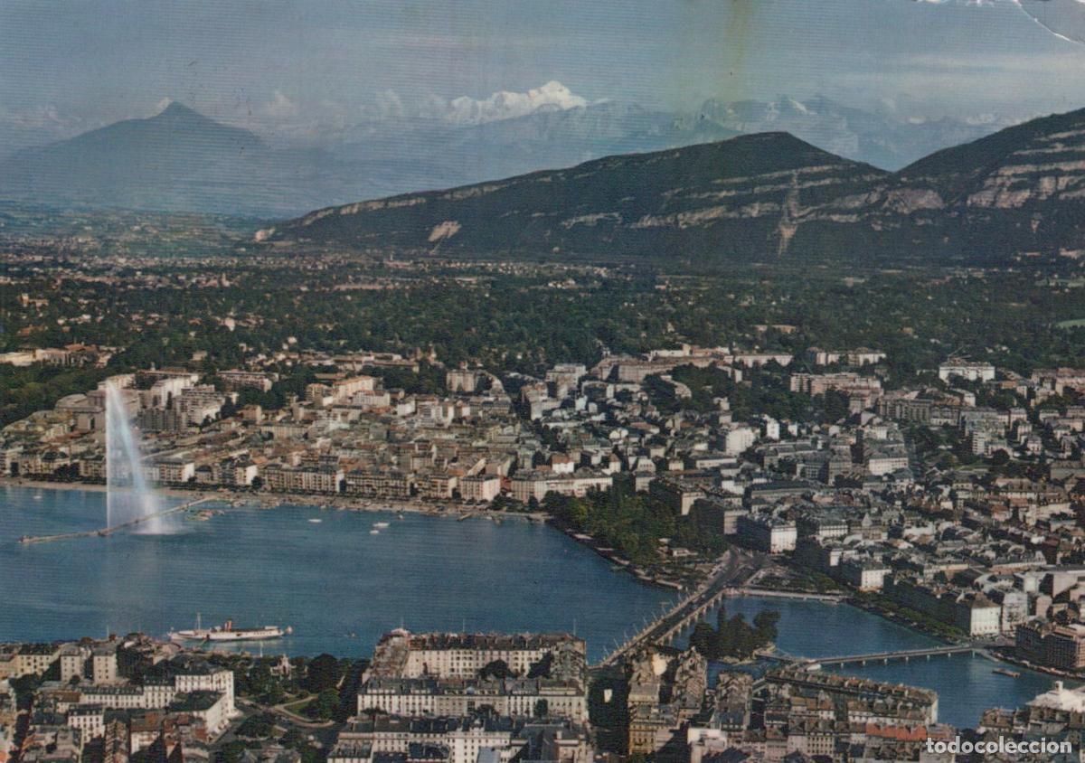 Cartes Postales: Switzerland Geneva Aerial View City Lake Jet D Eau Mont Blanc Alps 1950s *YAR986