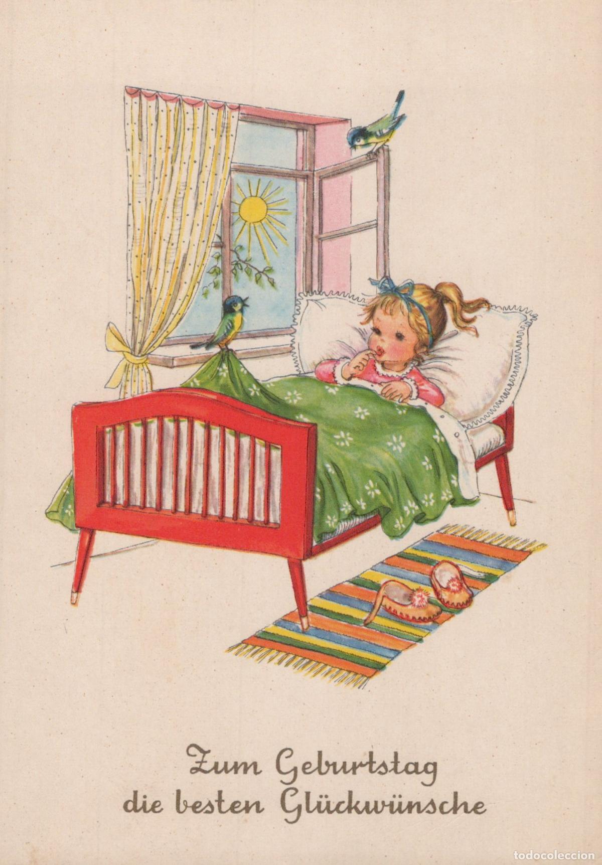 Postkarten: Germany Birthday Card Little Girl in Bed With Birds At Window Unposted *YAS445