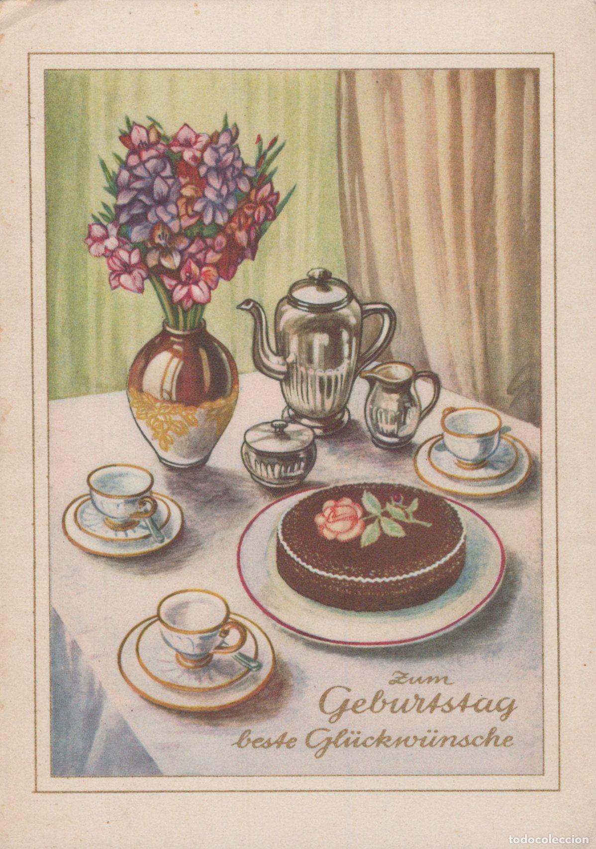 Cartoline: Germany Birthday Cake Flowers Coffee Set Greeting Card Unposted *YAS462