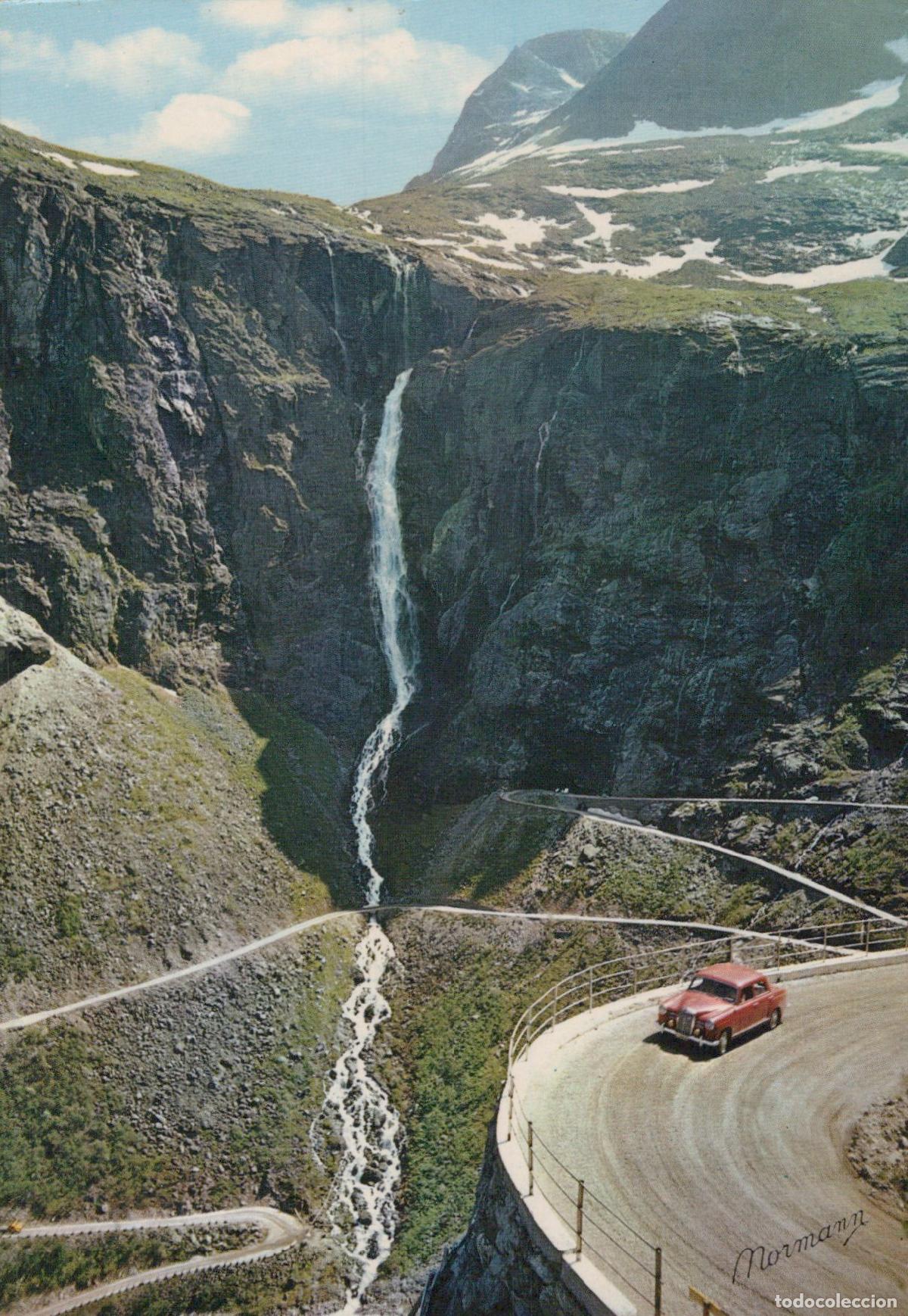 Cartoline: Norway Valldal Andalsnes Road Mountain Waterfall Red Car Unposted *YAS475