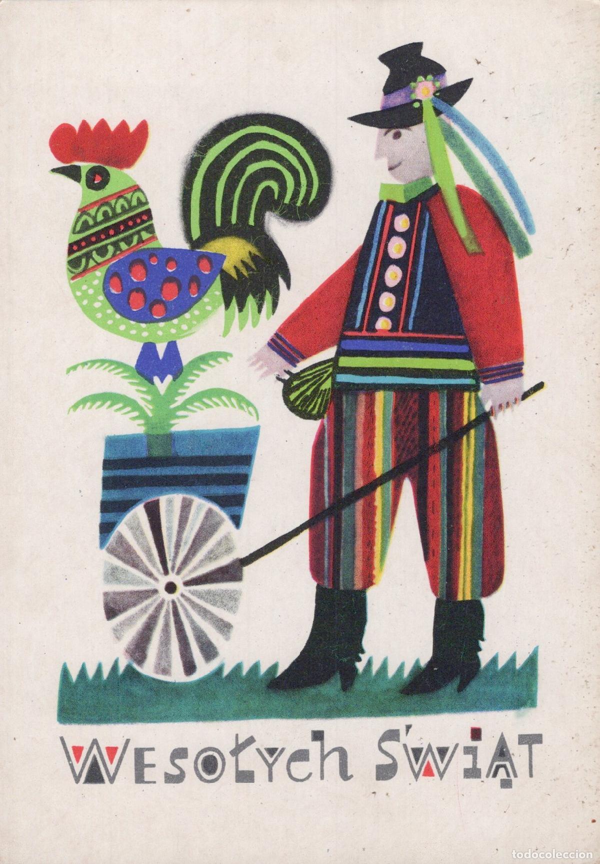Postcards: Poland Folk Art Man in Traditional Costume With Rooster Cart Unposted *YAS512
