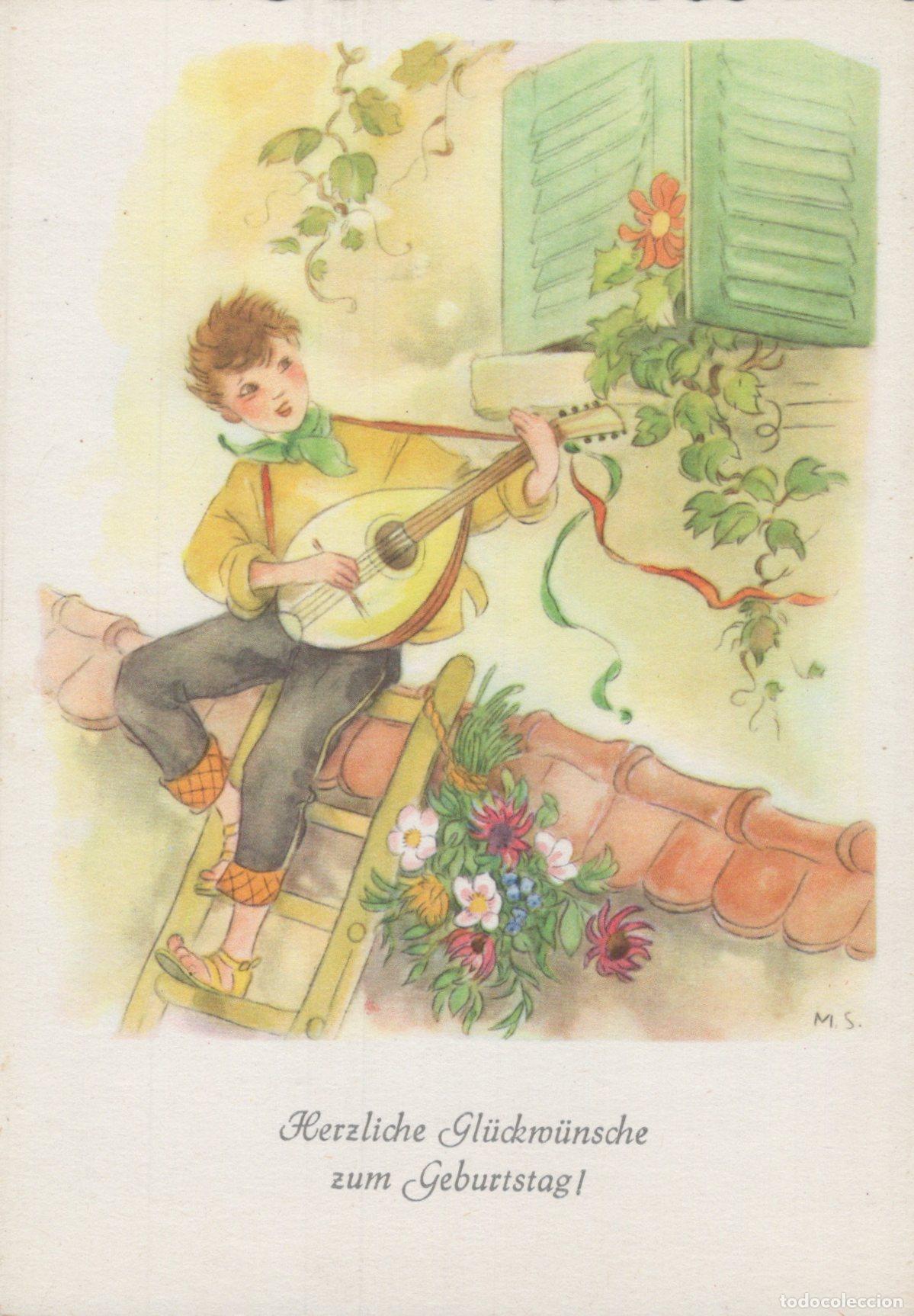 Postcards: Germany Hann M&uuml;nden Boy Playing Mandolin On Ladder On Rooftop Unposted *YAS443