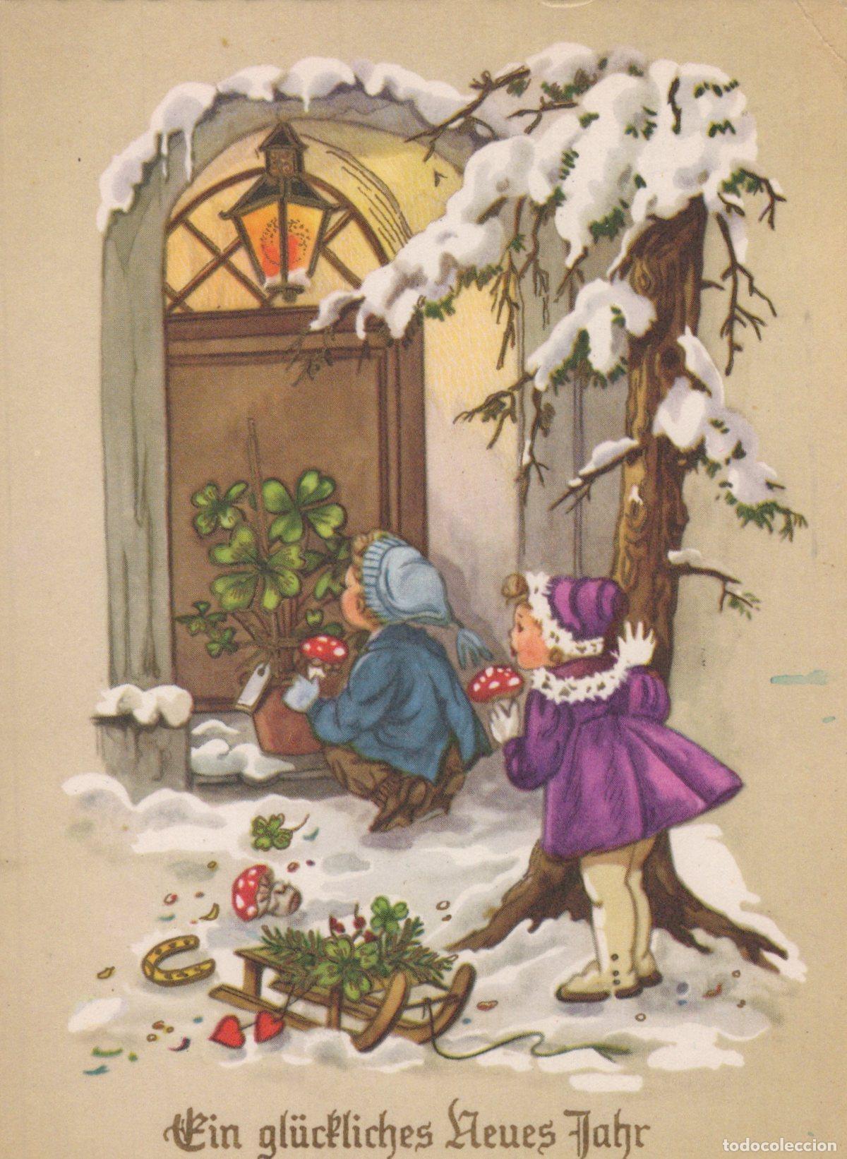 Cartes Postales: Germany Berlin Children in Snow With Sled and Lucky Charms New Year *YAS565