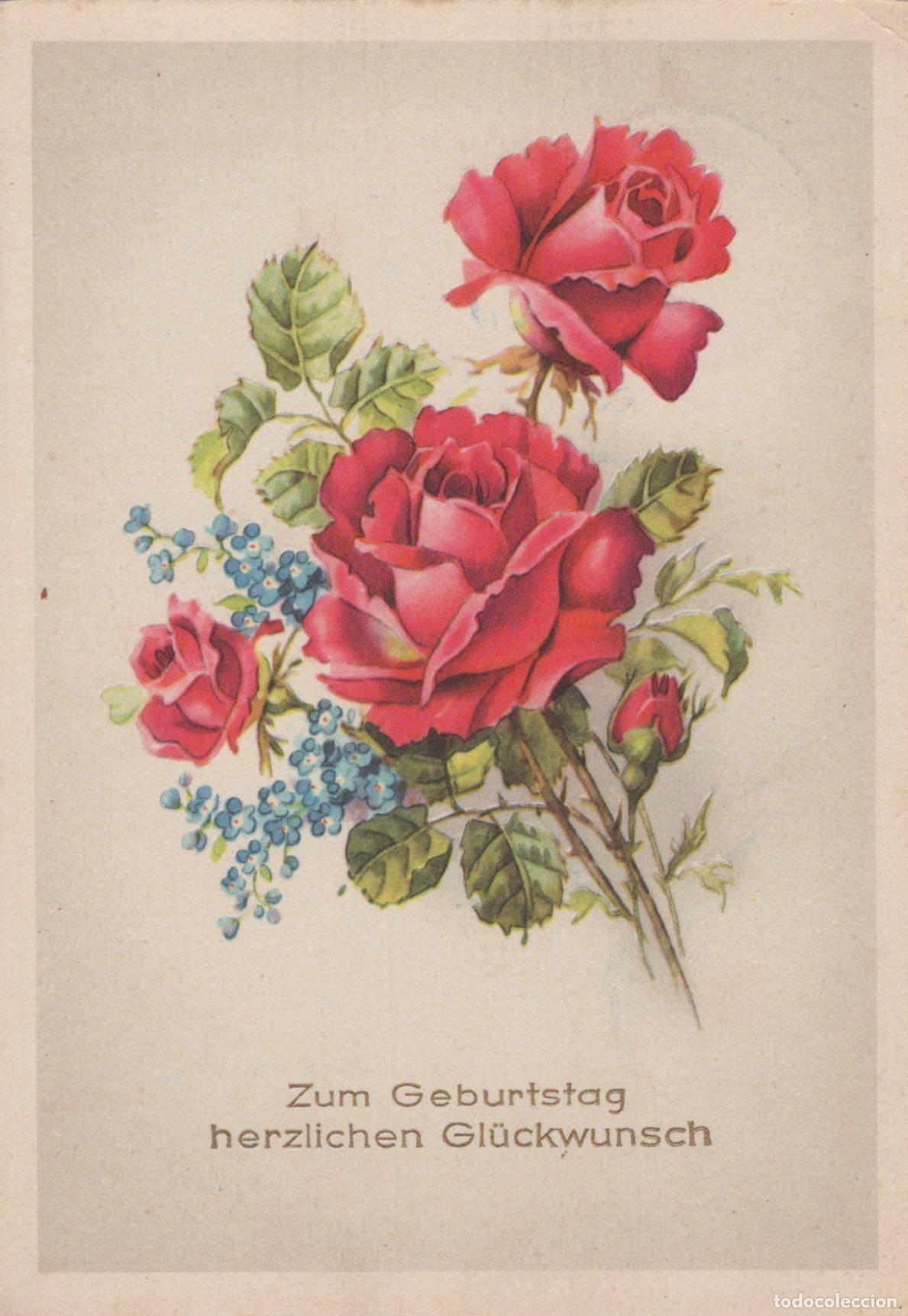 Postkarten: Germany Magdeburg Birthday Greeting Card Red Roses Forget Me Nots Floral *YAS575