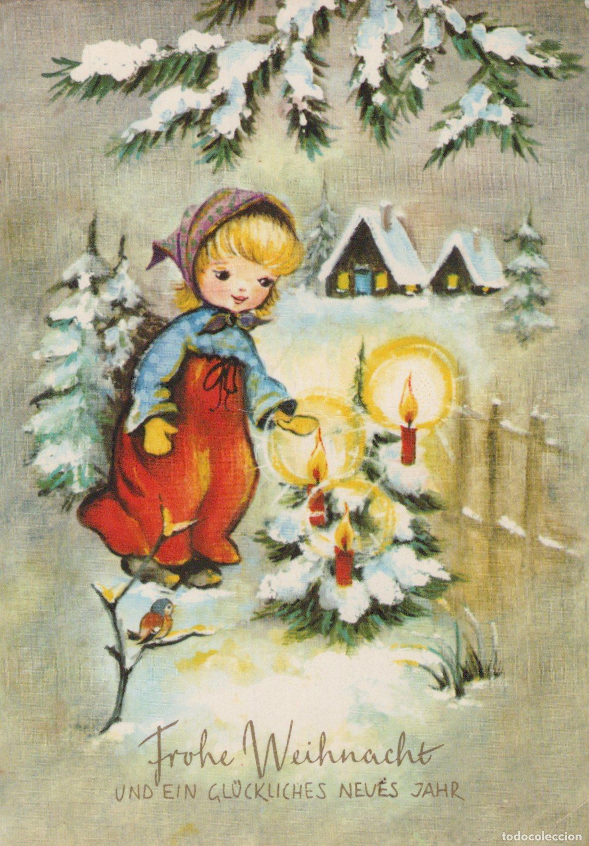 Cartoline: Germany Berlin Christmas Girl Lighting Candles Winter Scene Houses Snow *YAS602