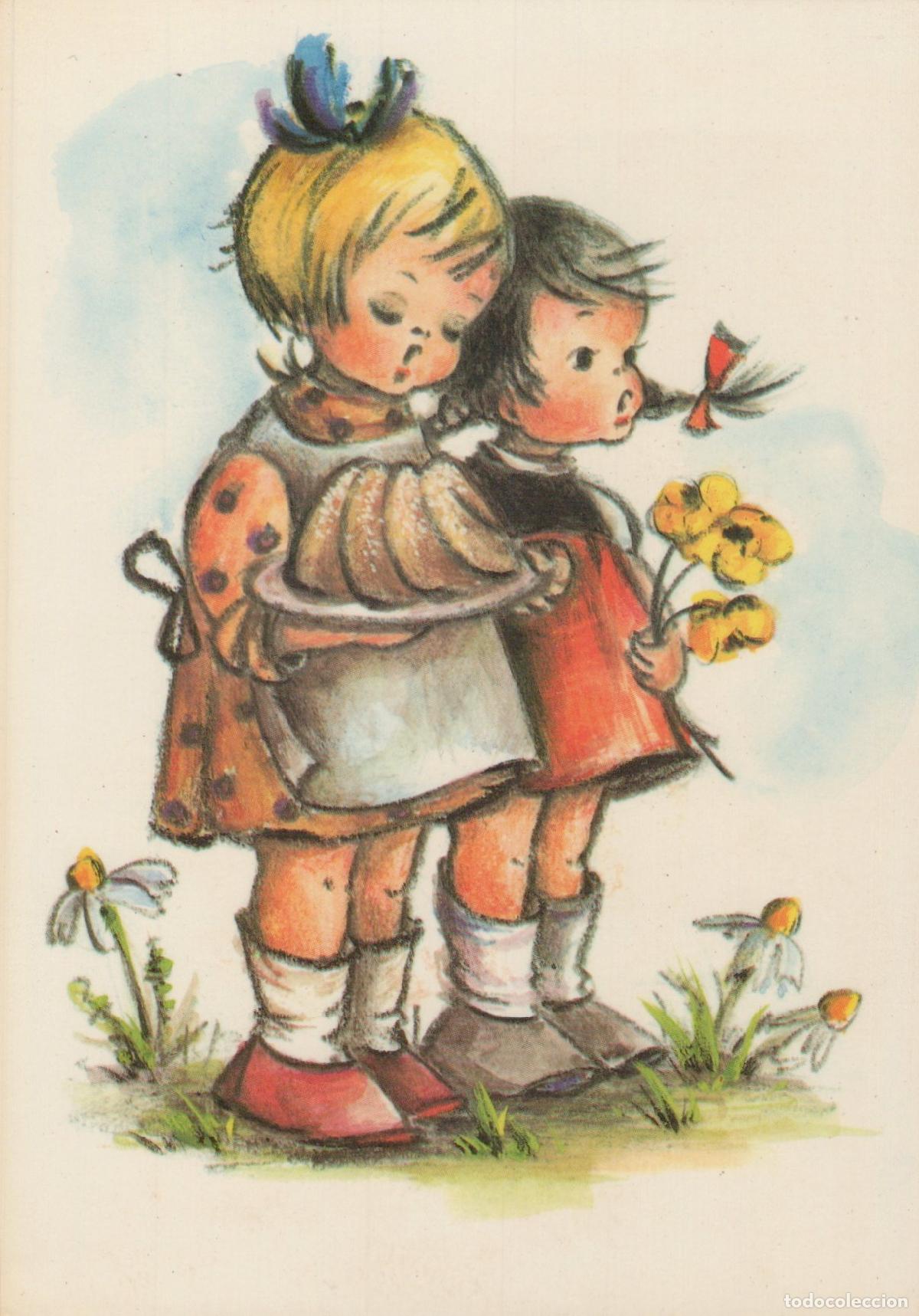 Cartoline: Germany Two Little Girls With Cake and Flowers Vintage Unposted *YAS518