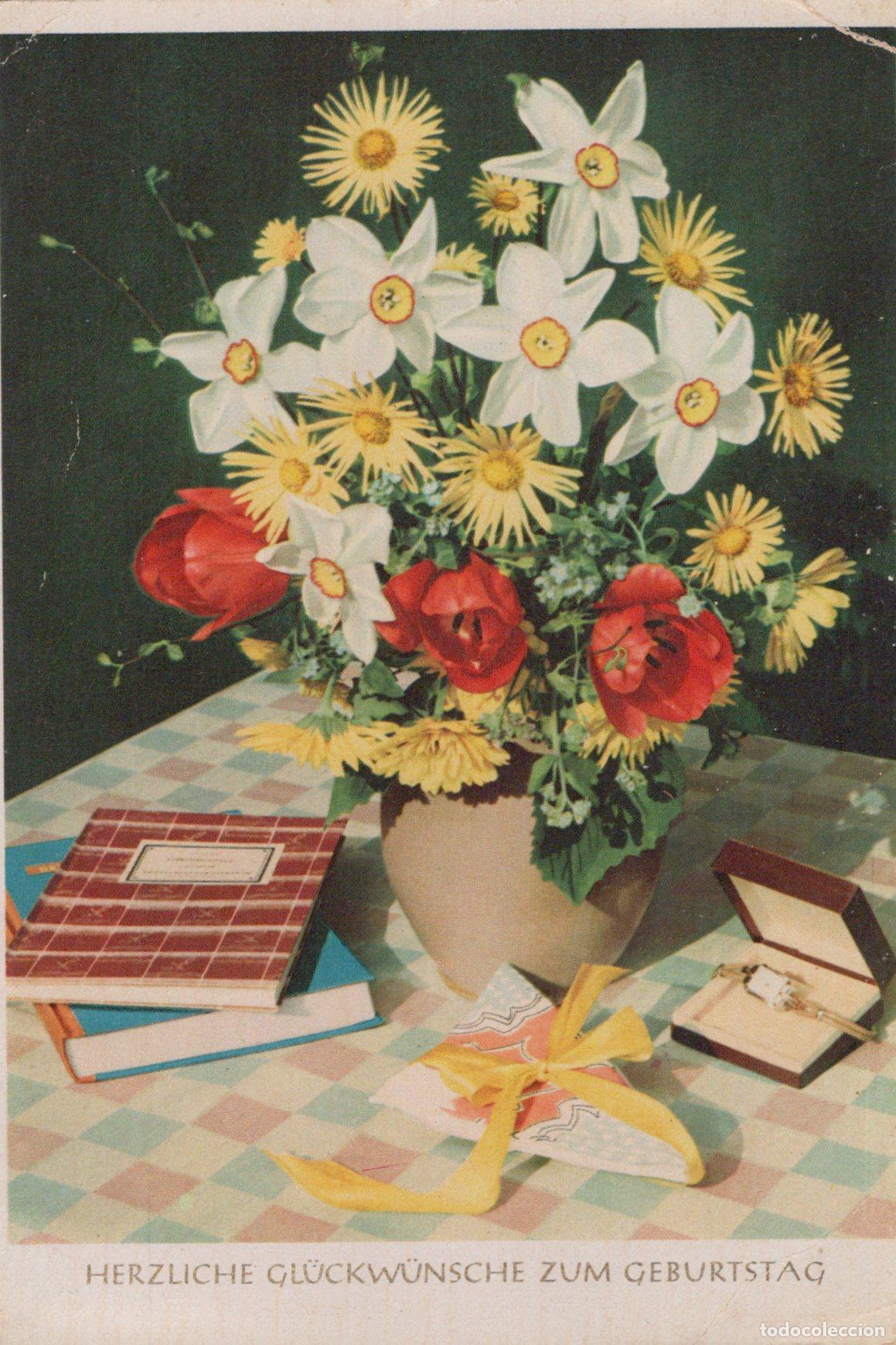 Cartoline: Germany L&ouml;bau Birthday Bouquet of Flowers Books and Gift Box Still Life *YAS633
