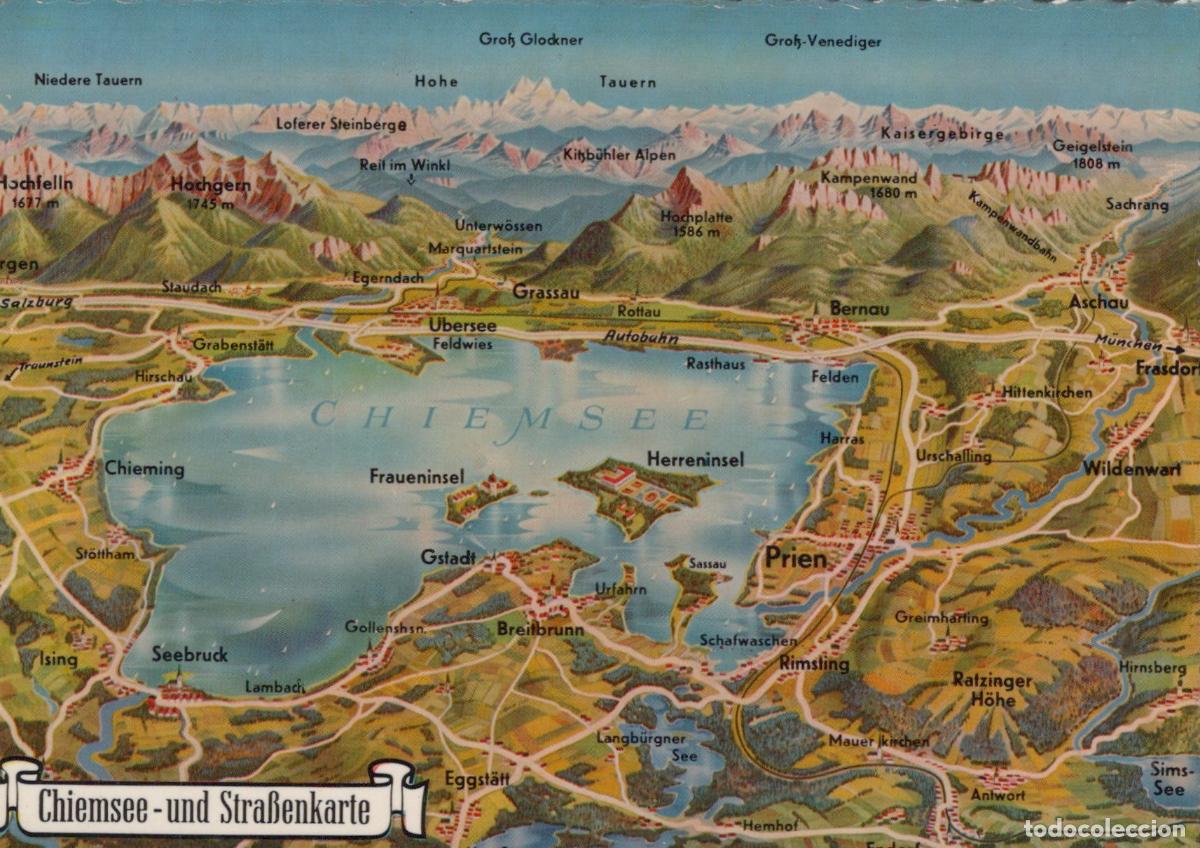 Postcards: Germany Chiemsee Map of and Surrounding Towns With Mountains in Unposted *YAS688