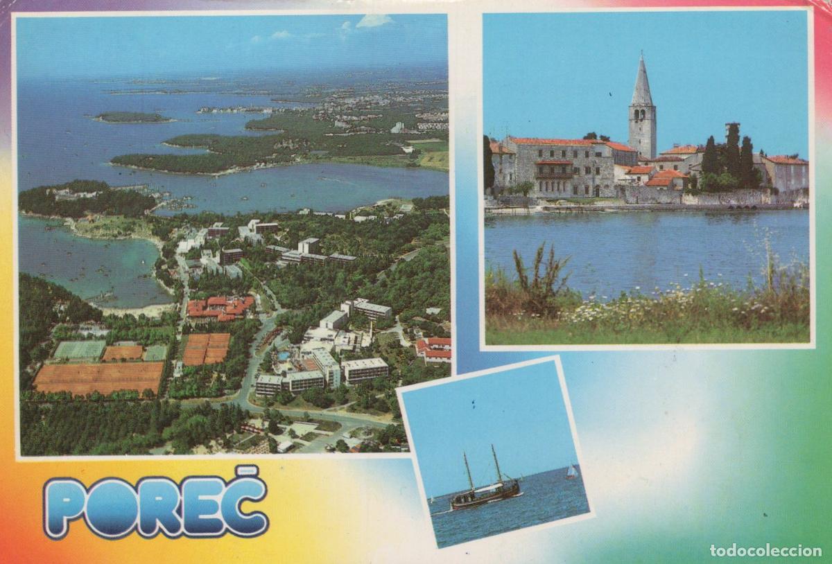 Postcards: Croatia Poreč Aerial View Coastal Town Church and Sailing Boat *YAS893