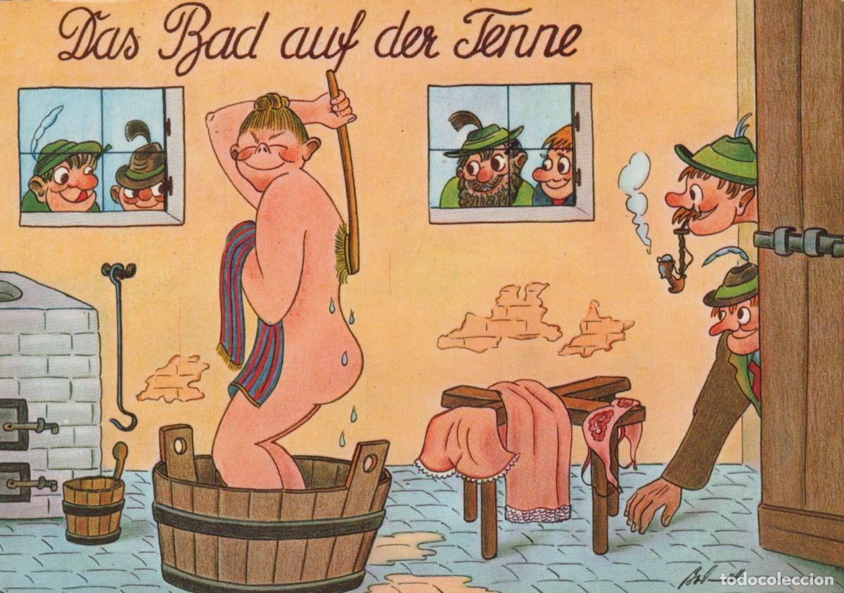 Postkarten: Germany Munich Humorous German Woman Bathing in Tub Men Peeking Unposted *YAS958