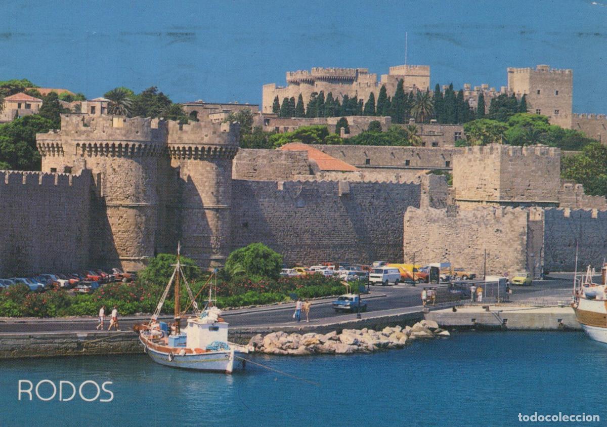 Postcards: Greece Rhodes Old Town Walls and Harbor With Boats *YAT034