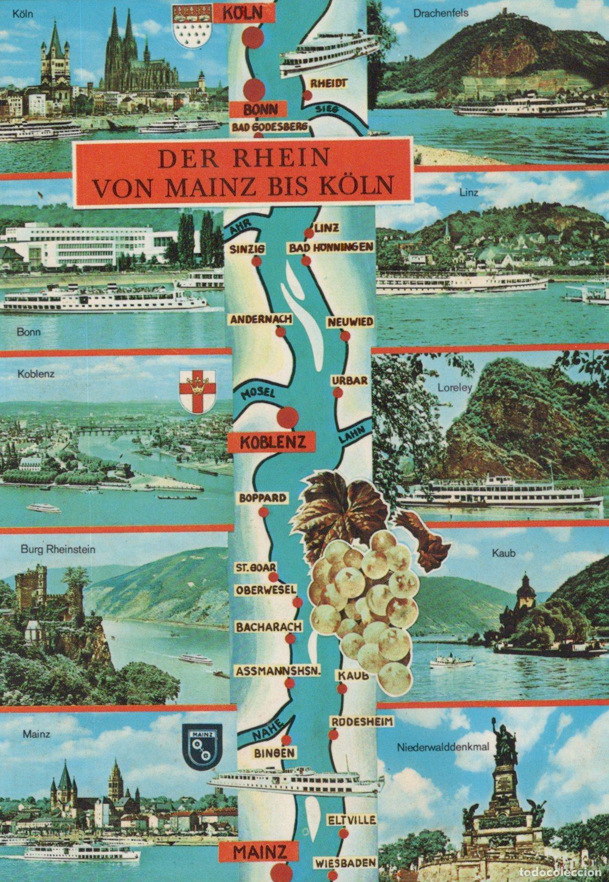 Cartoline: Germany Mainz Rhine River Map From To Cologne With Cities and Unposted *YAT171