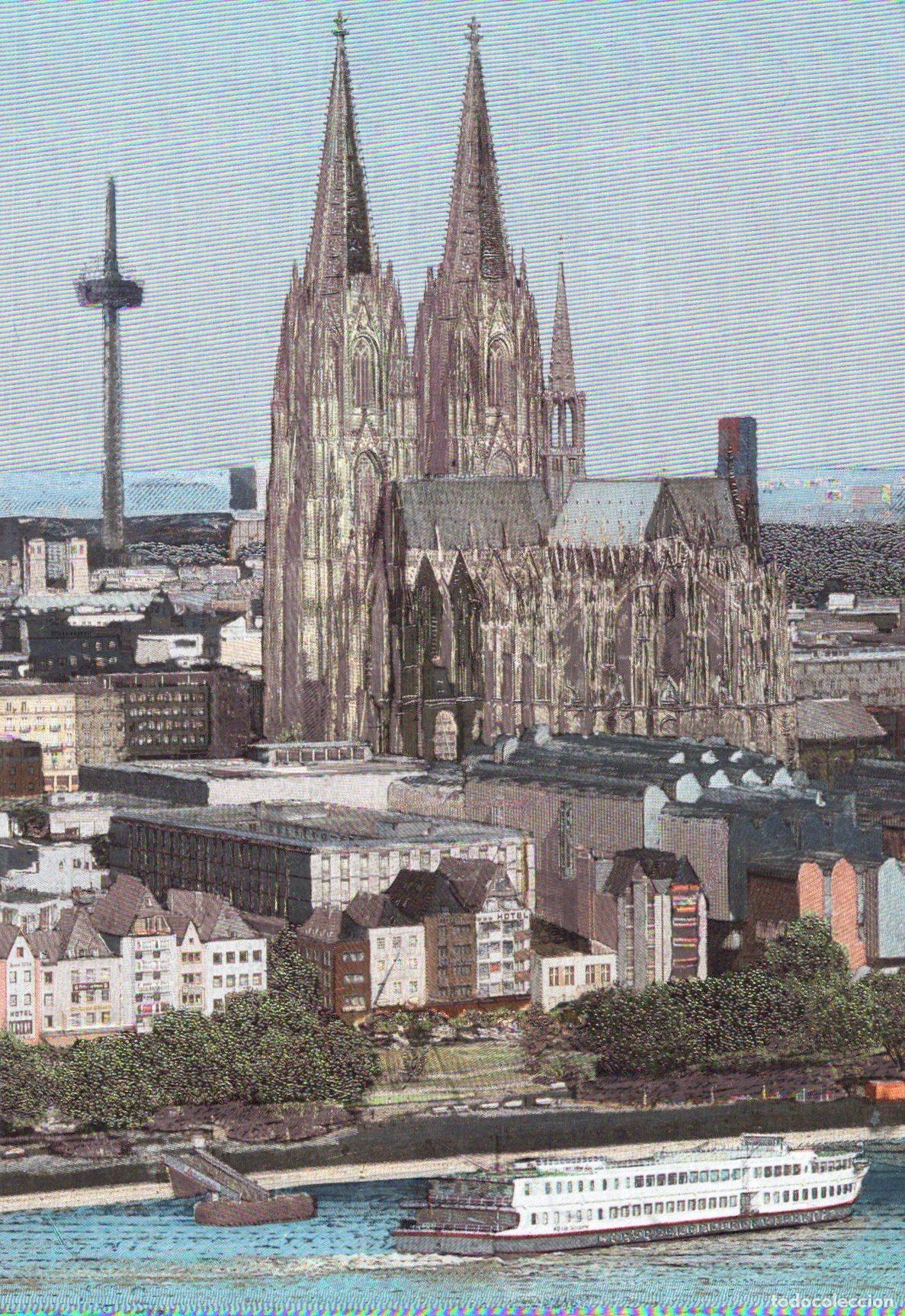 Cartoline: Germany Cologne Cathedral and Rhine River With Boat 1950s Unposted *YAT186
