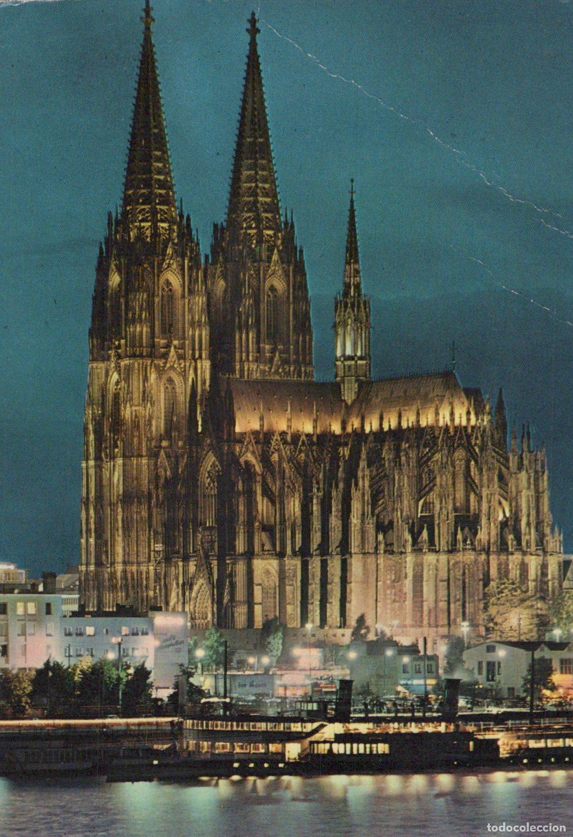 Postcards: Germany Cologne Cathedral Dom At Night Illuminated Rhine River Boats *YAT139