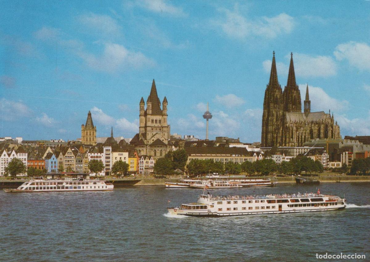 Postcards: Germany Cologne Rhine River Panorama With Cathedral Boats 1980s *YAT753