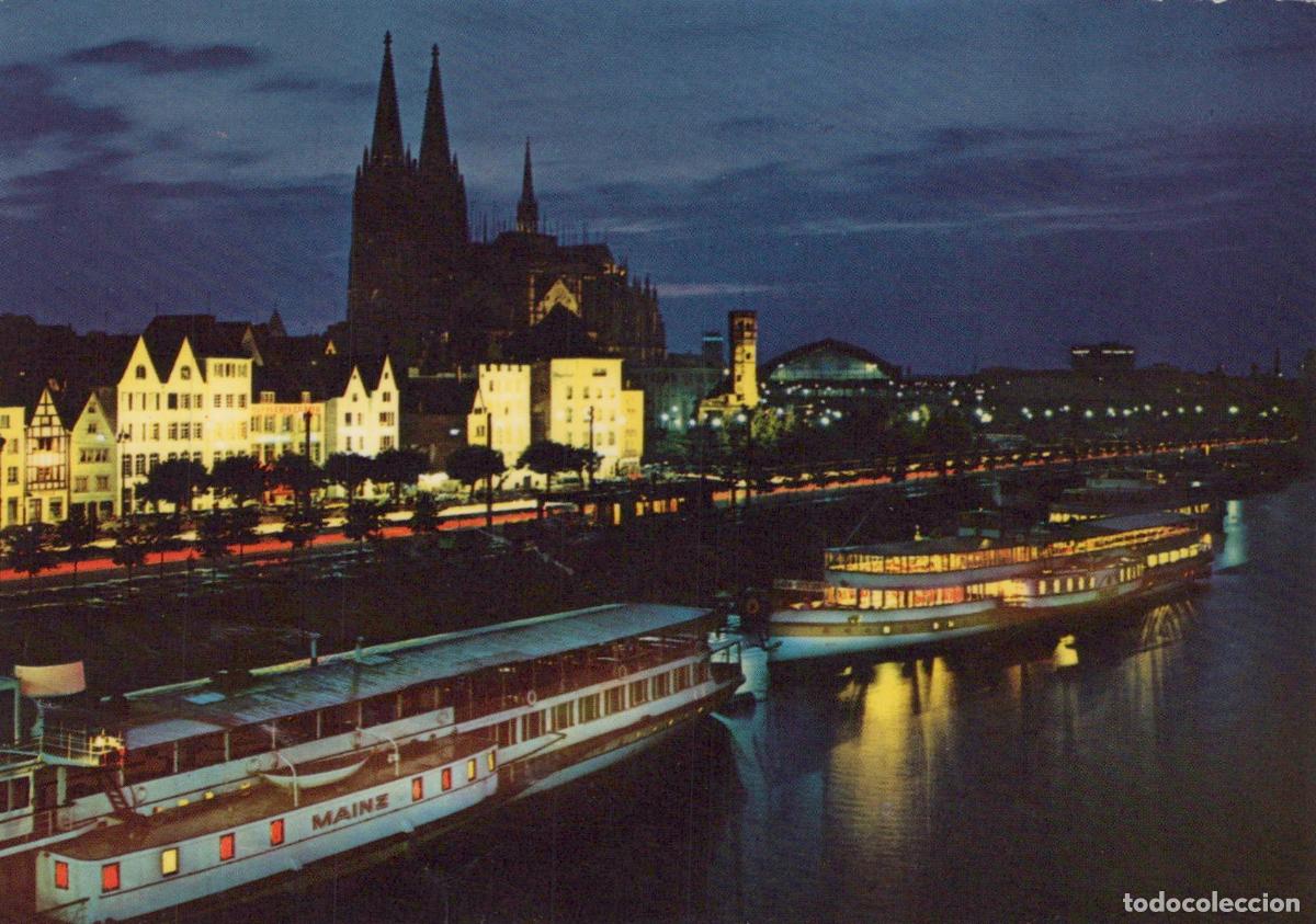 Postkarten: Germany Cologne At Night Rhine River With Boats Cathedral Cityscape *YAT689