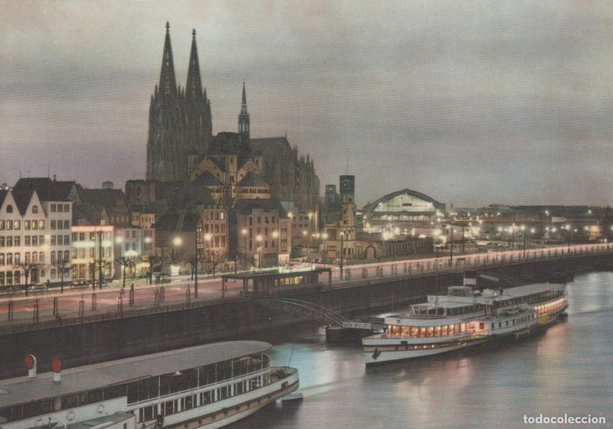 Postcards: Germany Cologne Cathedral and Rhine River With Boats At Dusk Unposted *YAT724