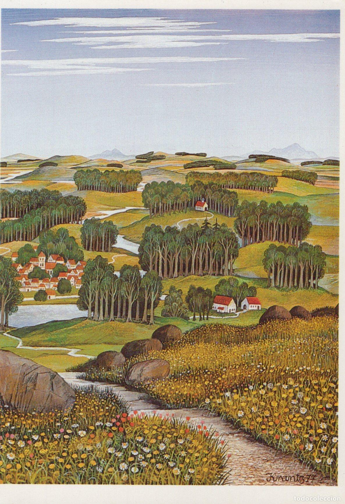 Postkarten: Rural Landscape With Village and Winding Path Krantz Art Print Unposted *YAU412