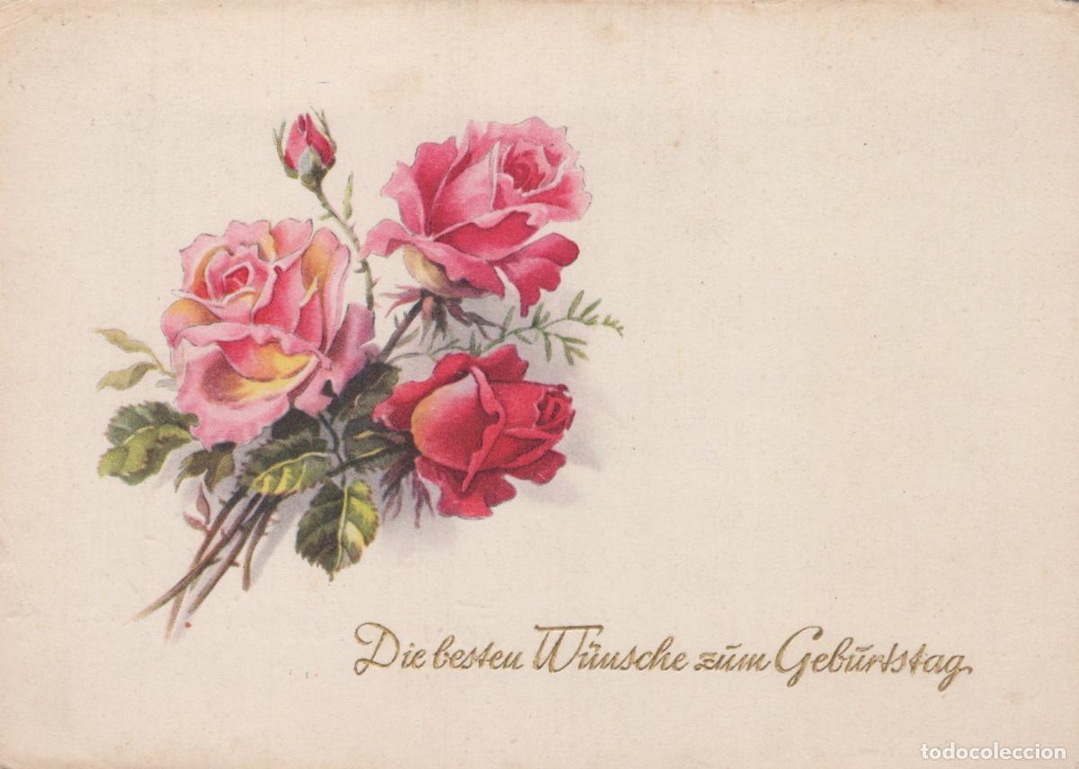 Postkarten: German Birthday Wishes Pink Red Roses Floral Greeting *YAT043