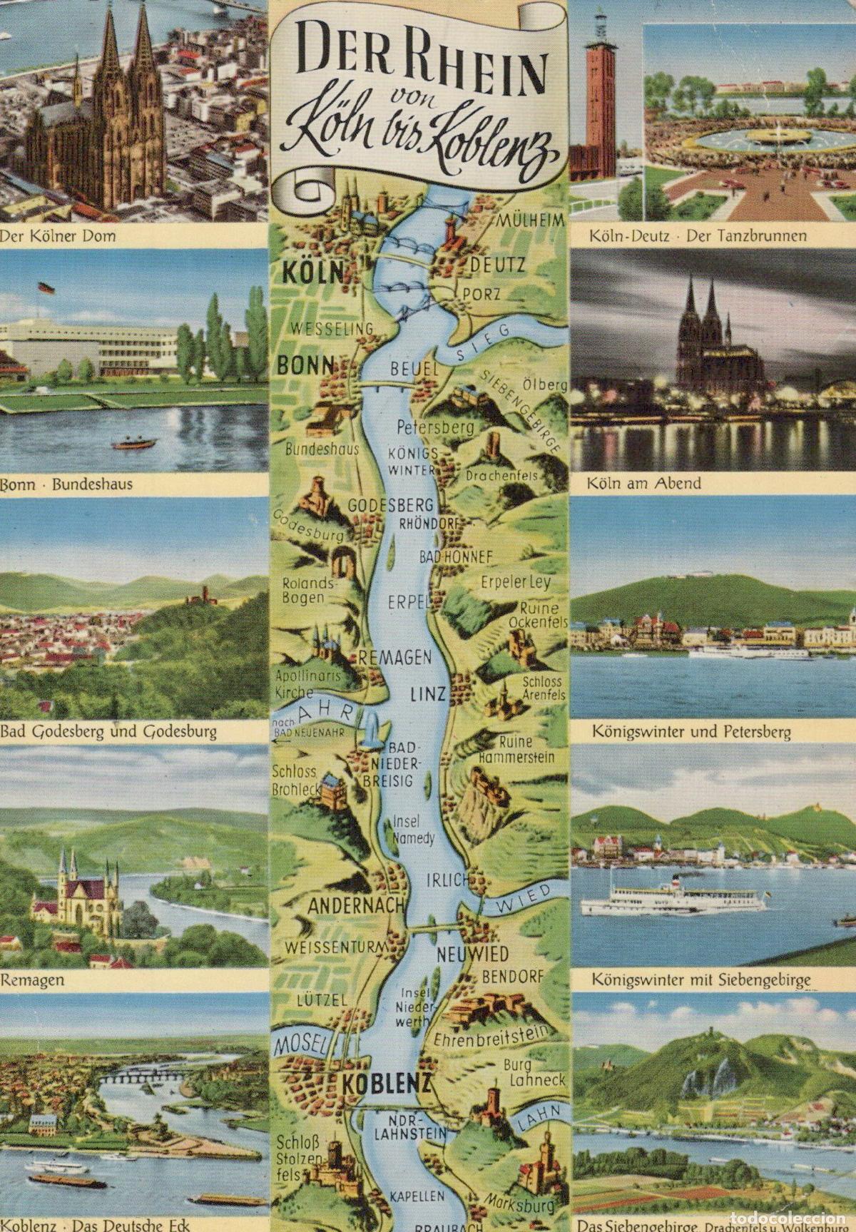 Cartes Postales: Germany Cologne Map of the Rhine River From To Koblenz *YAT133
