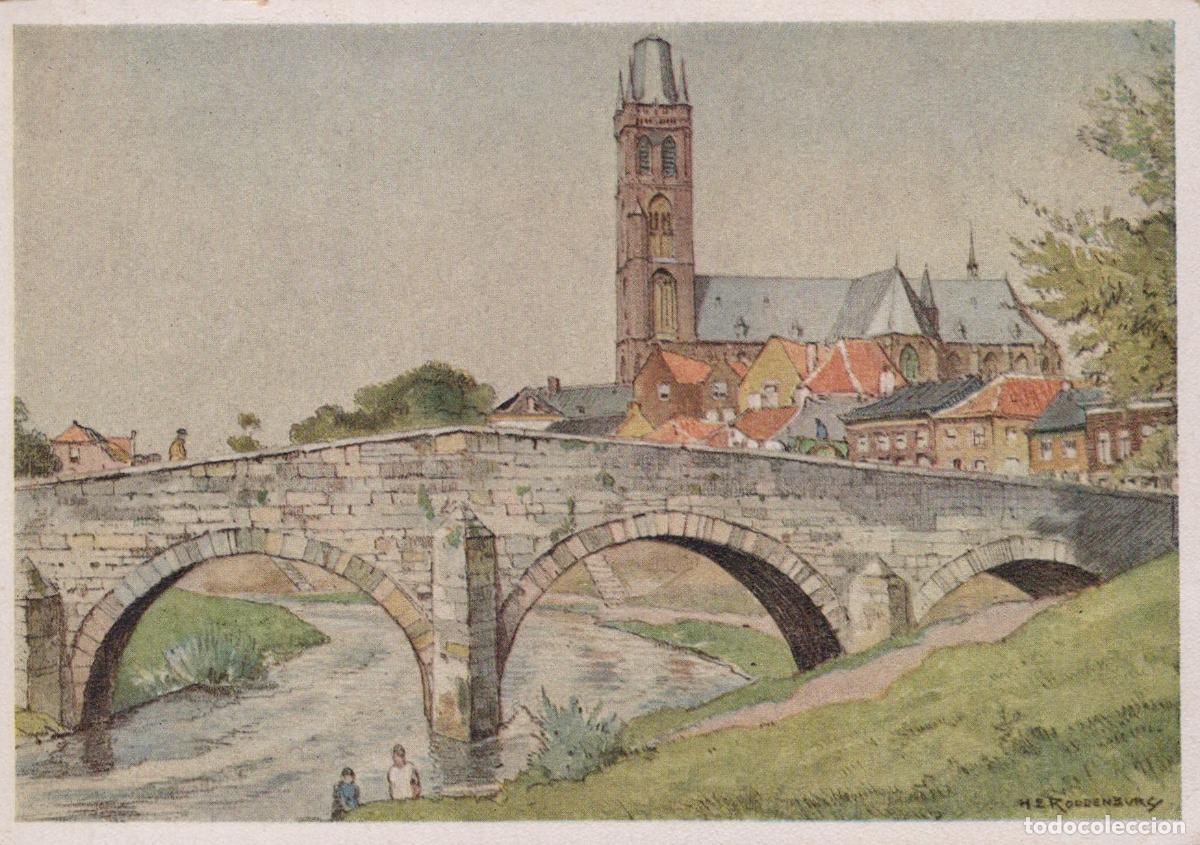 Postkarten: Netherlands Roermond Bridge Church H E Roodenburg Watercolor Unposted *YAU923