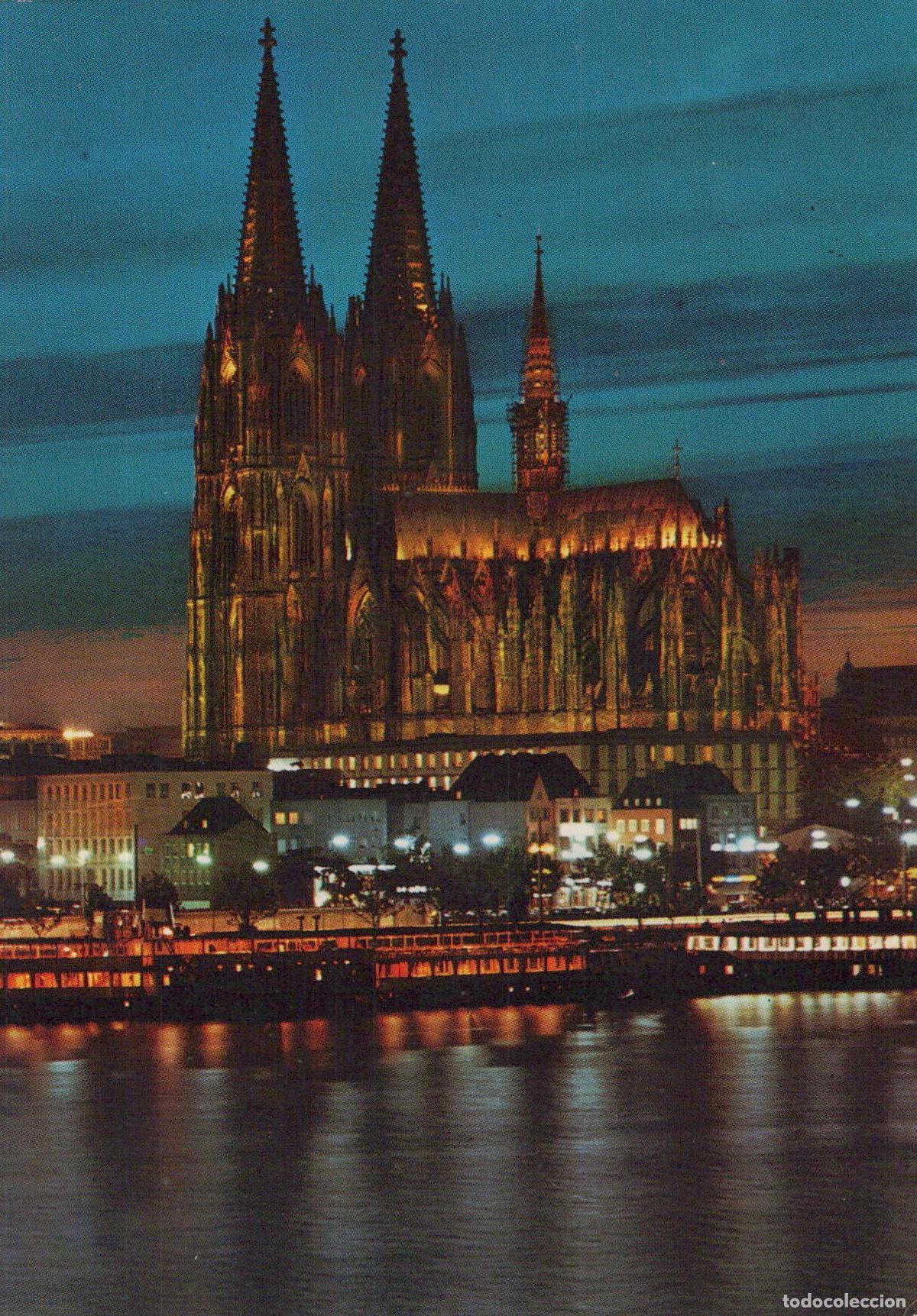 Postkarten: Germany Cologne Cathedral At Night Rhine River Illuminated Architecture *YAT153