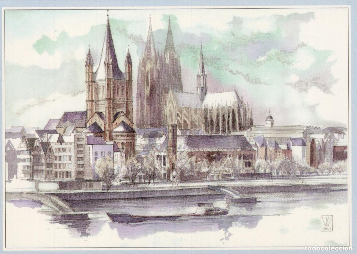 Postales: Germany Cologne Cityscape Rhine River Cathedral Watercolor Art Unposted *YAT400