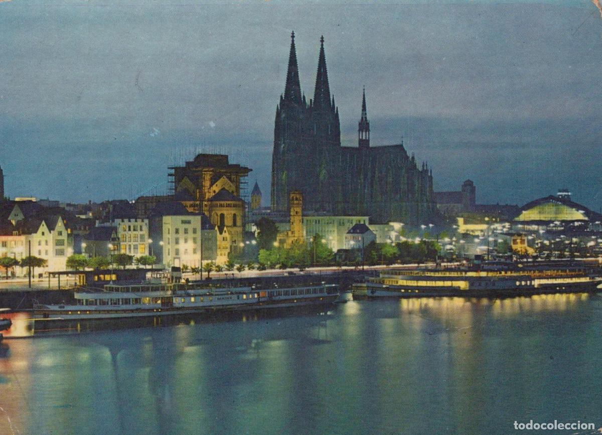 Postcards: Germany Cologne Rhine River With Cathedral and Boats At Night *YAT762