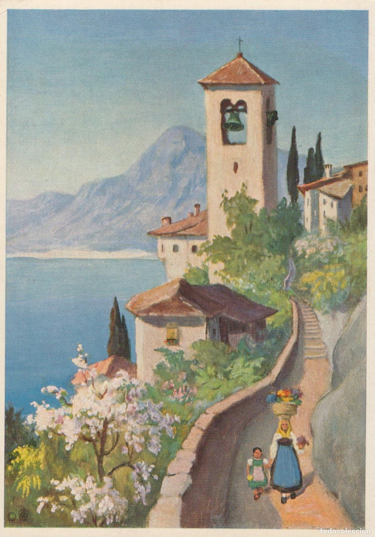 Postales: Italy Lake Como Italian Lake Village Bell Tower Woman Child Unposted *YAU340
