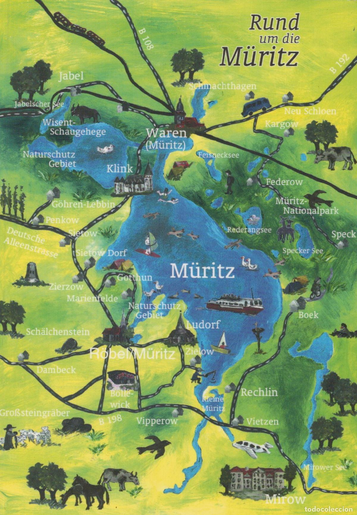 Postcards: Germany M&uuml;ritz Lake Map With Towns Attractions and Wildlife *YAV240
