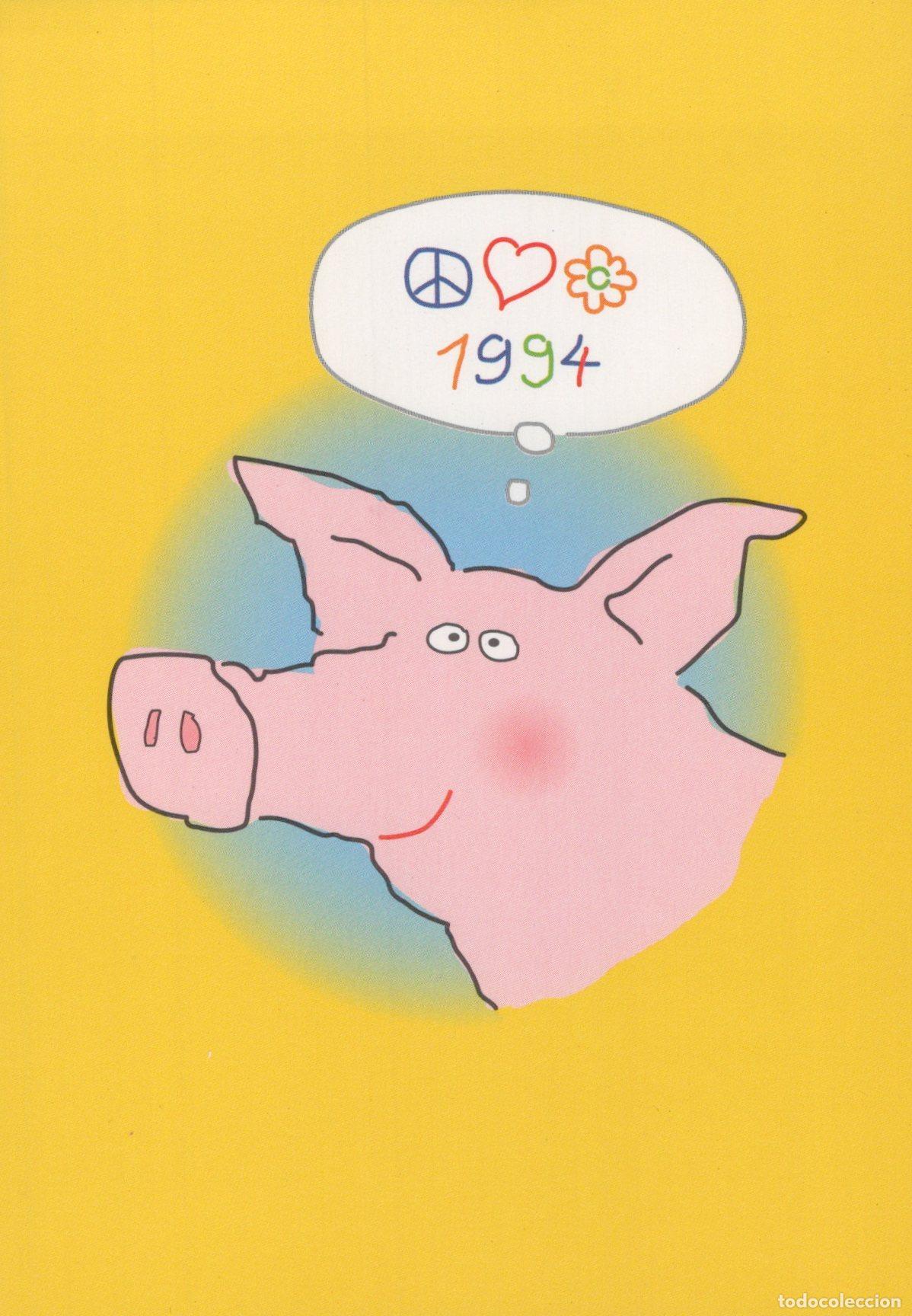 Postcards: Germany Happy New Year 1994 Pig With Peace Love Flower Symbols Unposted *YAV406
