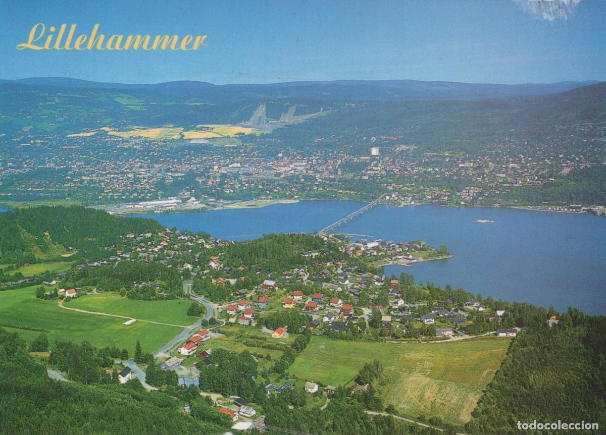Cartoline: Norway Lillehammer Aerial View of City Lake Mj&oslash;sa and Bridge *YAV611