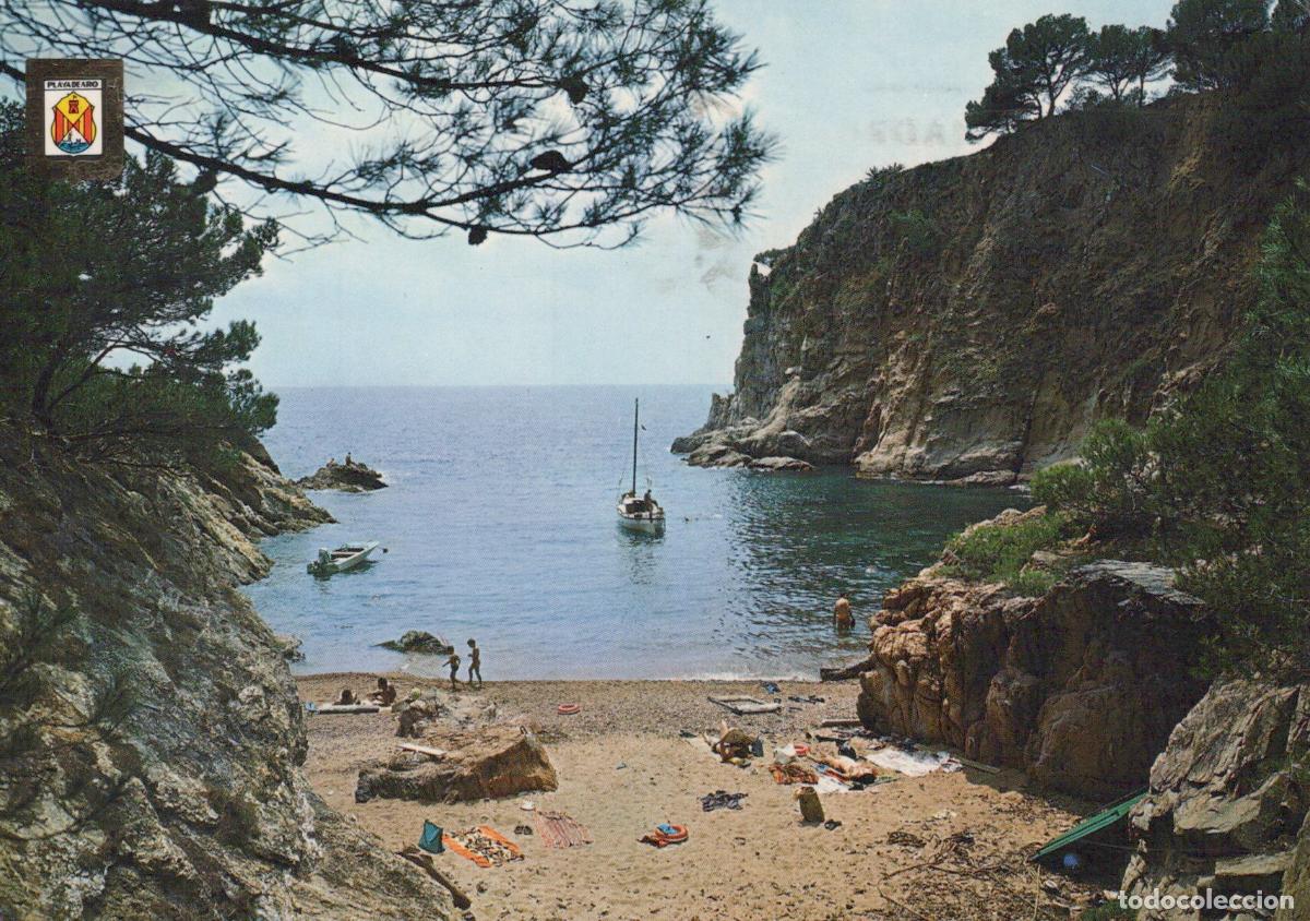 Cartoline: Spain Playa de Aro Costa Brava Secluded Beach With Sailboat and Swimmers *YAV638