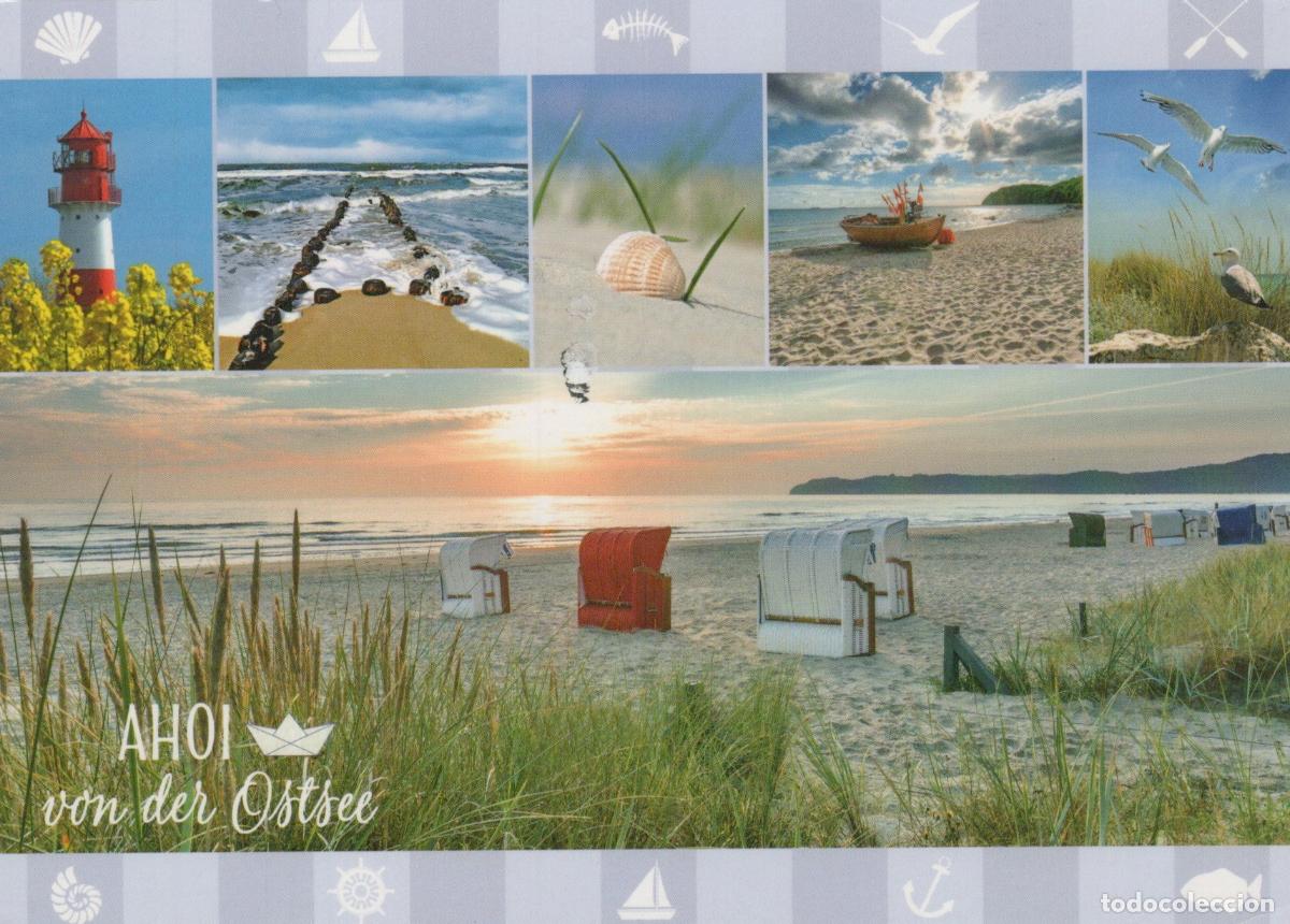 Cartoline: Germany Rostock German Baltic Sea Coast Lighthouse Beach Huts Seagulls *YAV984