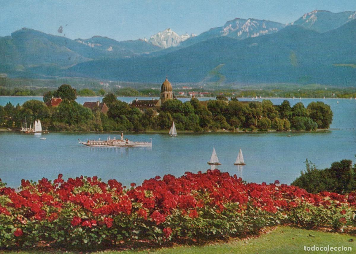 Postales: Germany Chiemsee Fraueninsel Island Lake Steamboat Sailboats Alps *YAW187
