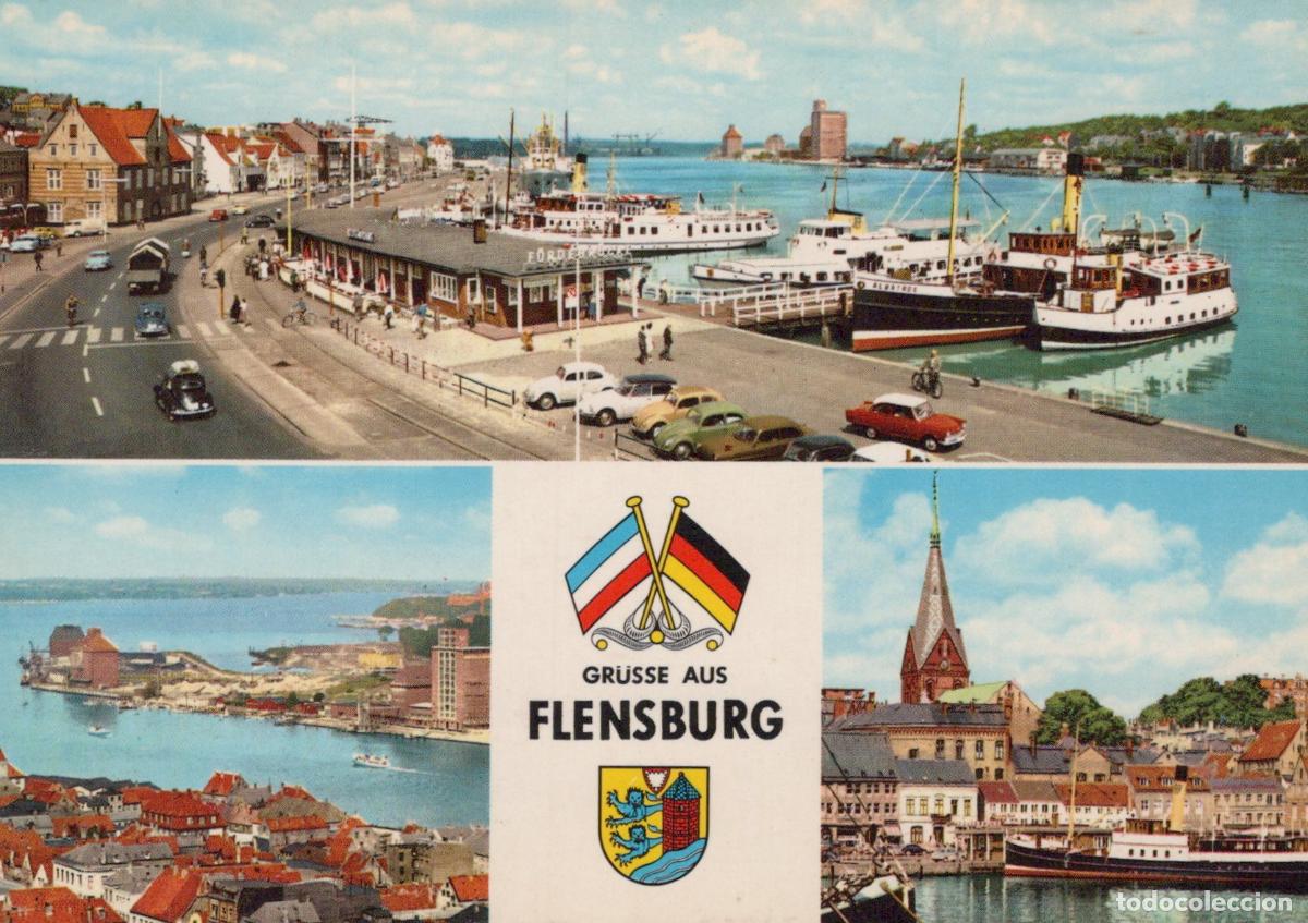 Cartoline: Germany Flensburg Harbor Cityscape Panorama Ships Cars Unposted *YAW295