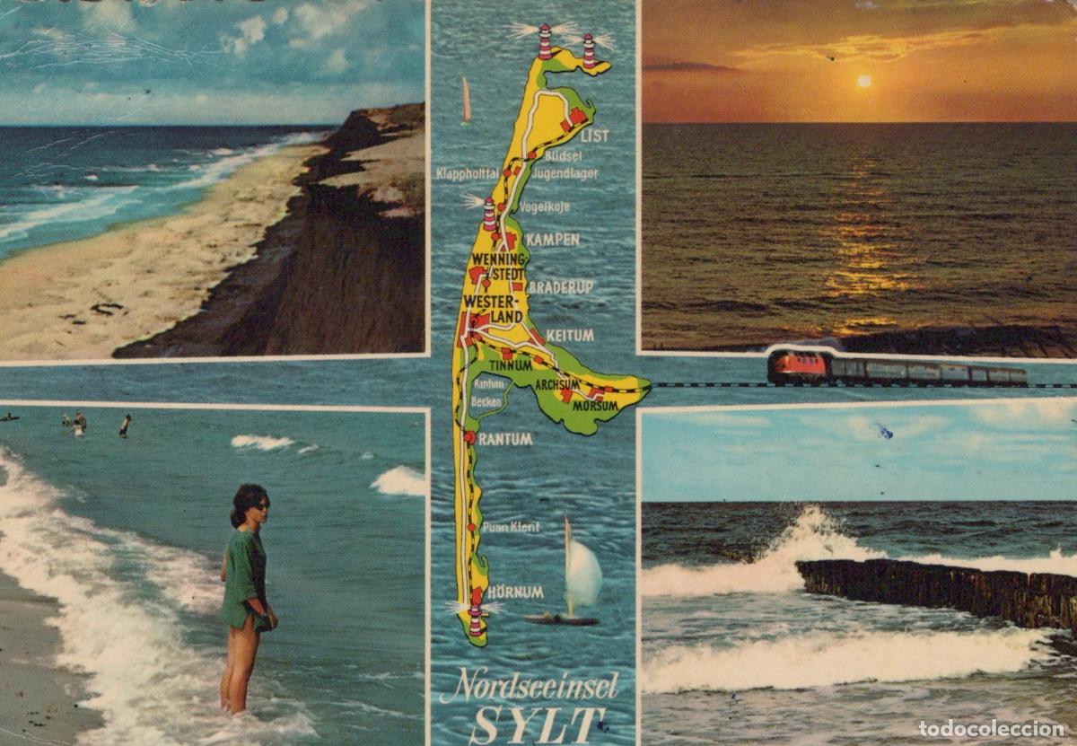 Cartoline: Germany Sylt Island Map Beaches Sunset Train Woman in Water *YAW254