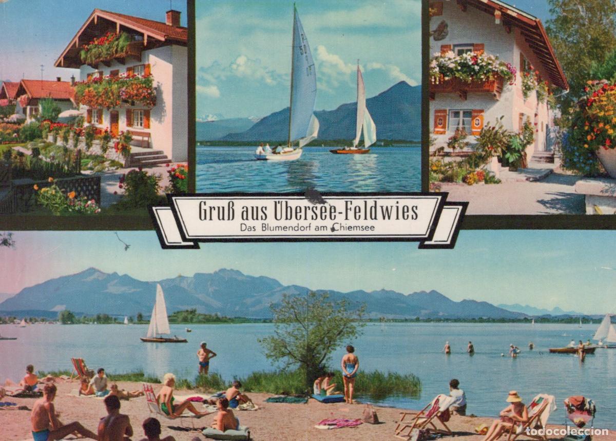 Cartoline: Germany &Uuml;bersee Feldwies Chiemsee Lake Resort Village Beach Sailboats *YAW388