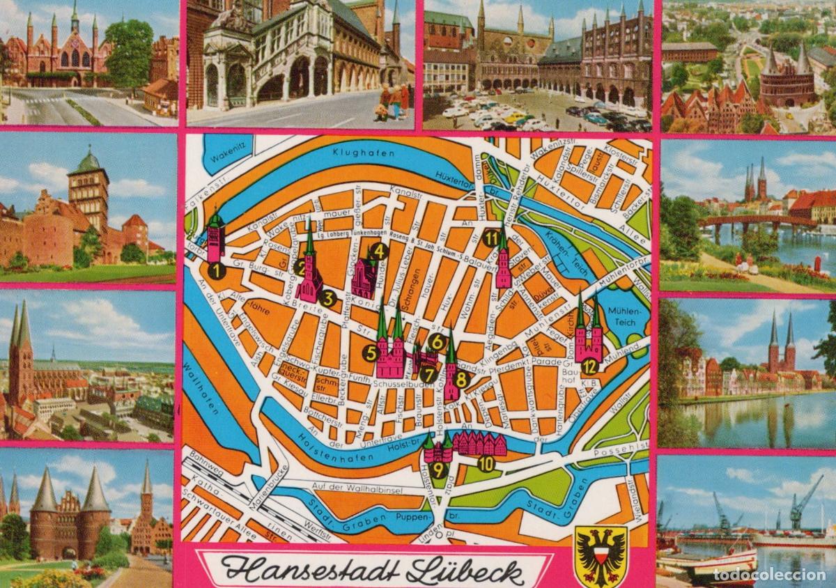 Cartes Postales: Germany L&uuml;beck Hanseatic City Collage Map Churches Holstentor Unposted *YAW393