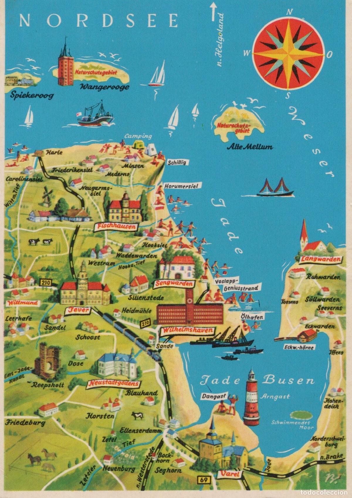 Postkarten: Germany Wilhelmshaven North Sea Coast Map Jade Busen Wangeroge Unposted *YAW436