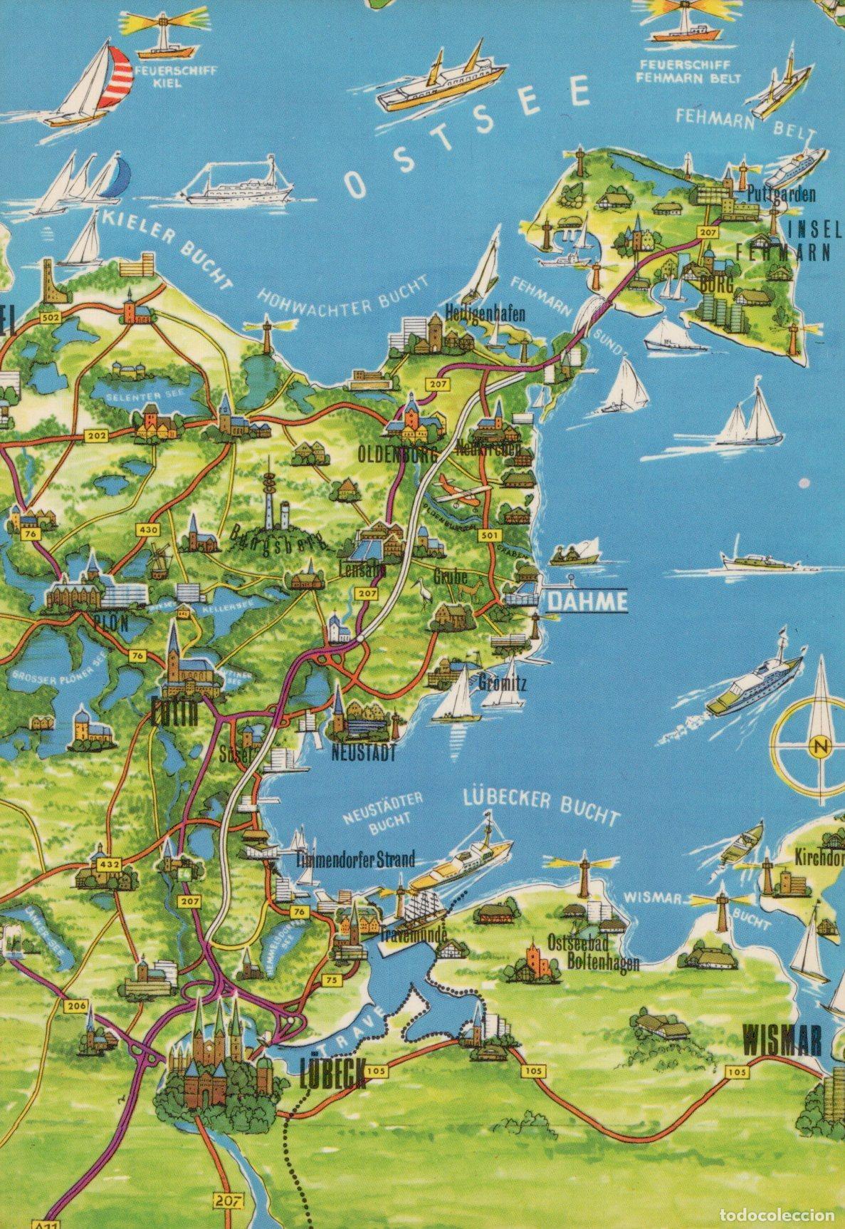 Cartes Postales: Germany L&uuml;beck Map of Ostsee Baltic Sea Coastline Unposted *YAW471