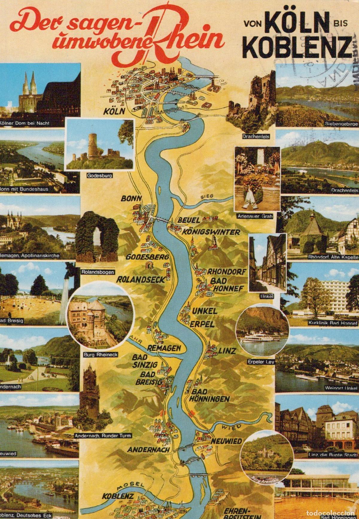 Postkarten: Germany Cologne Rhine River Map From To Koblenz With City Views *YAW459
