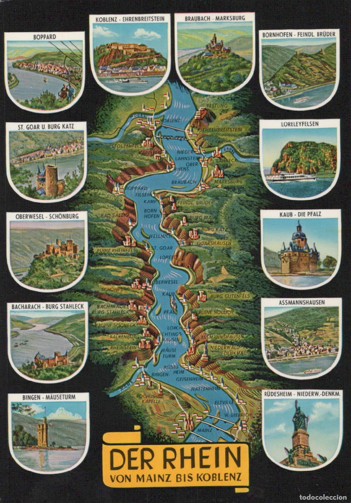 Postcards: Germany Rhine River Map With Cities and Castles From Mainz To Unposted *YAW472