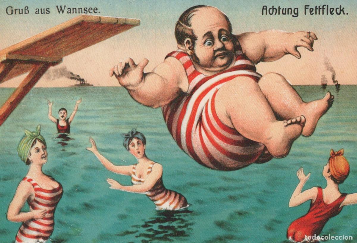 Postais: Germany Wannsee Humorous Fat Man Diving Into Water With Bathers Unposted *YAX358