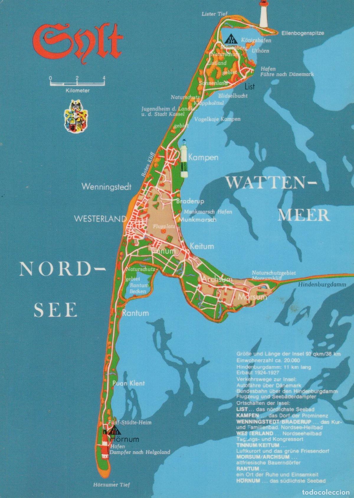 Cartoline: Germany Sylt Island Map North Sea Wadden Sea Towns Lighthouse Unposted *YAX942