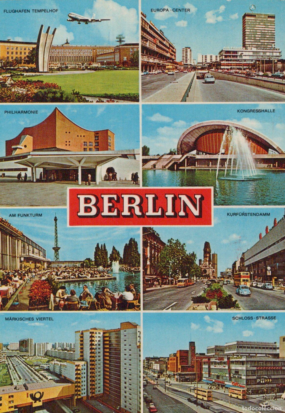 Postcards: Germany Berlin Collage Tempelhof Airport Europa Center Philharmonie *YAX628