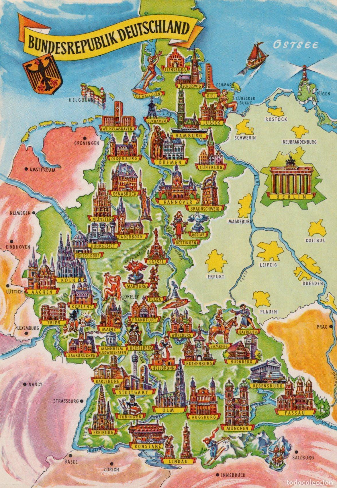 Postales: Germany Federal Republic Map With Cities and Landmarks *YAX963